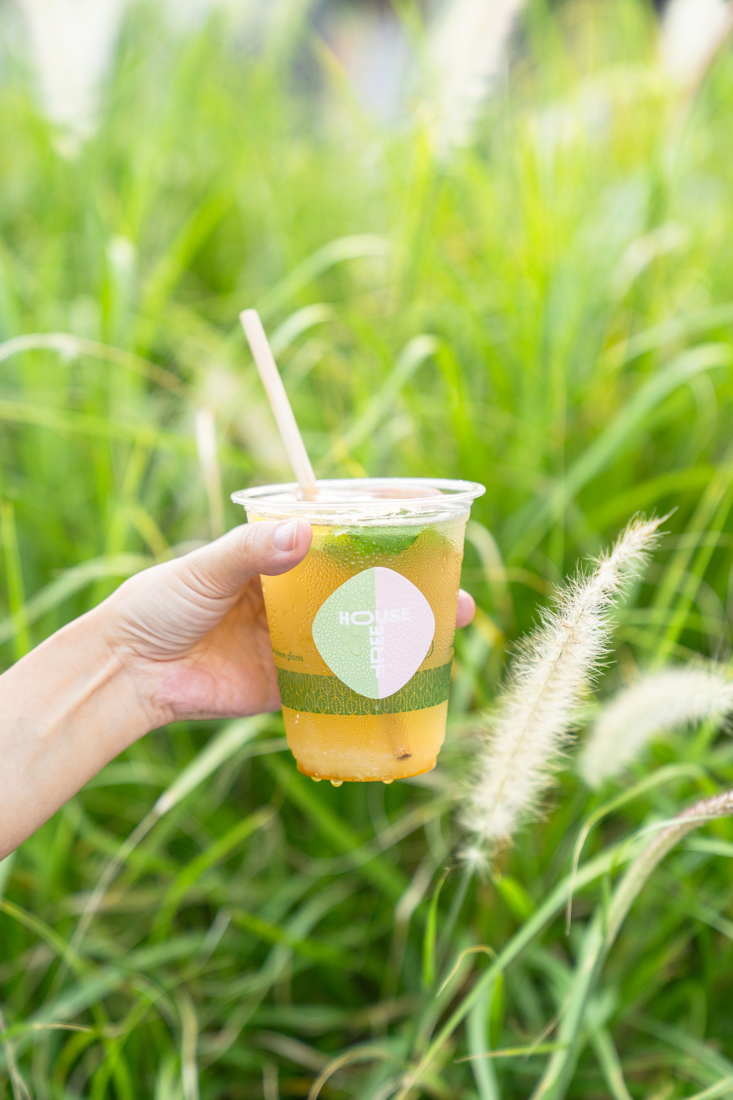 A hand holding a cold beverage in a clear plastic cup with a bamboo straw, surrounded by tall green grasses.