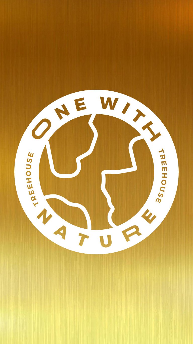 Abstract treehouse logo on a gold background with text "One with Nature Treehouse."