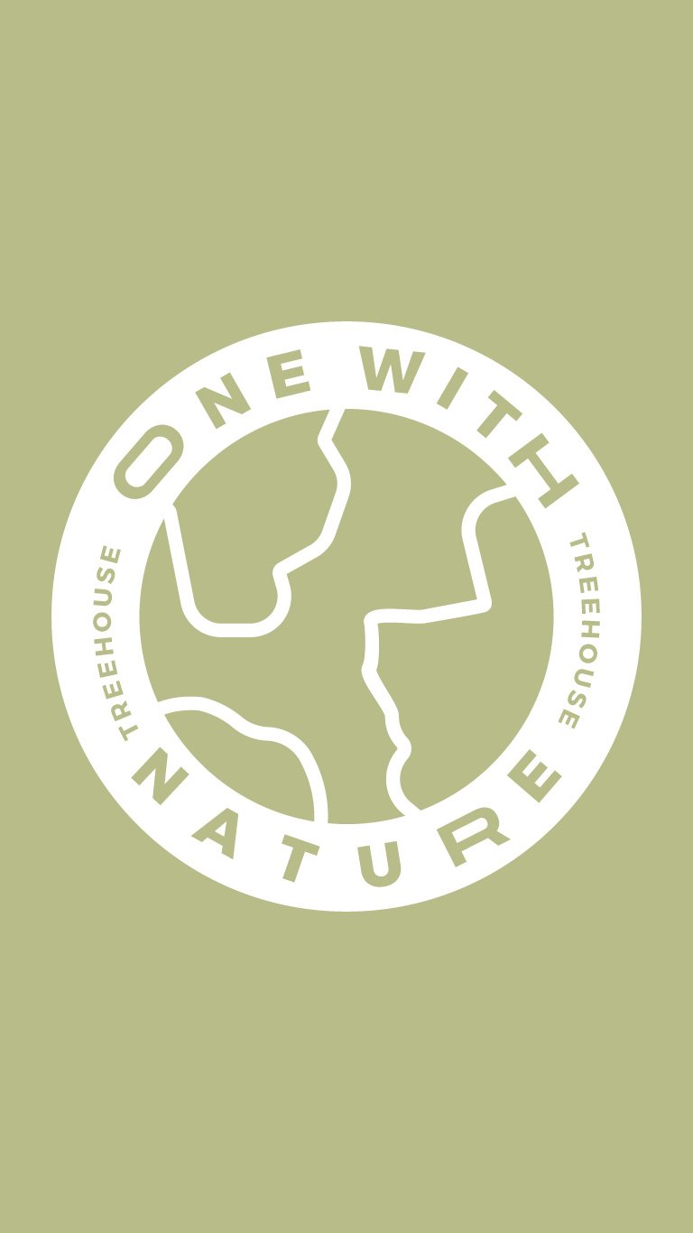 Logo with text 'One with Nature' and 'Treehouse' on a green background, featuring an abstract design resembling a face.