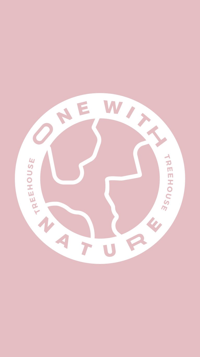 Emblem saying 'One with Nature Treehouse' in a circular design on a pink background.