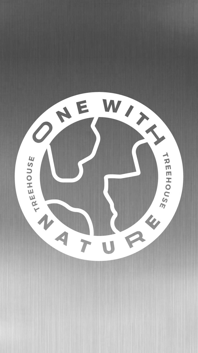 Logo with the text 'One with Nature' and 'Treehouse' around a stylized earth design on a metallic background.
